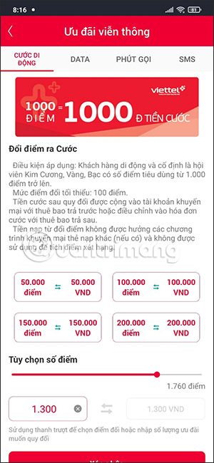 Đổi điểm Viettel sang cước di động