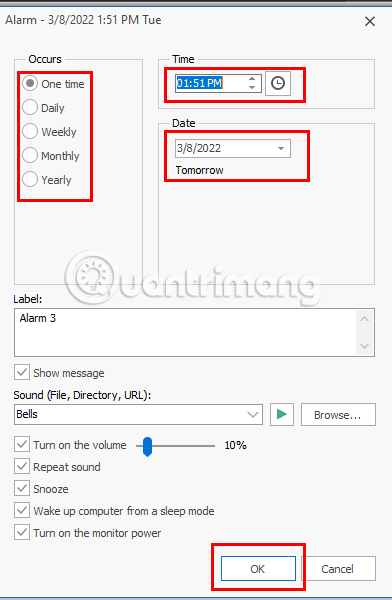 Phần cài đặt báo thức của ứng dụng