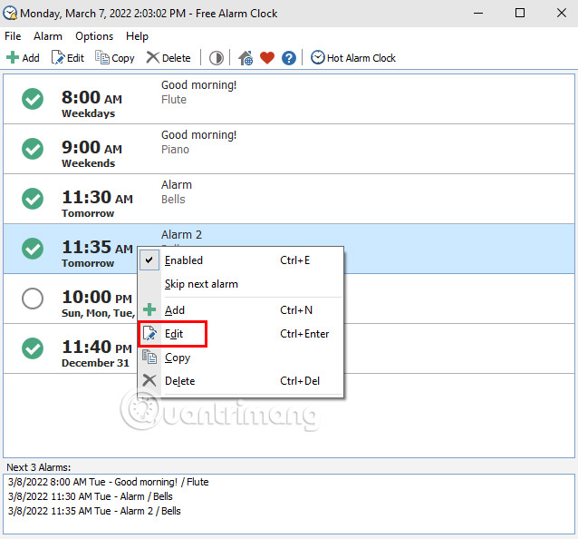 Phần chỉnh sửa lại báo thức