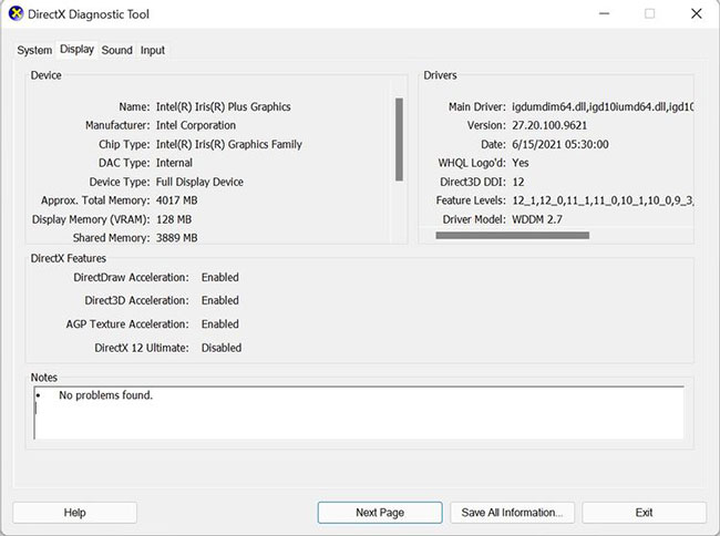 Cửa sổ DirectX Diagnostic Tool trong Windows 11