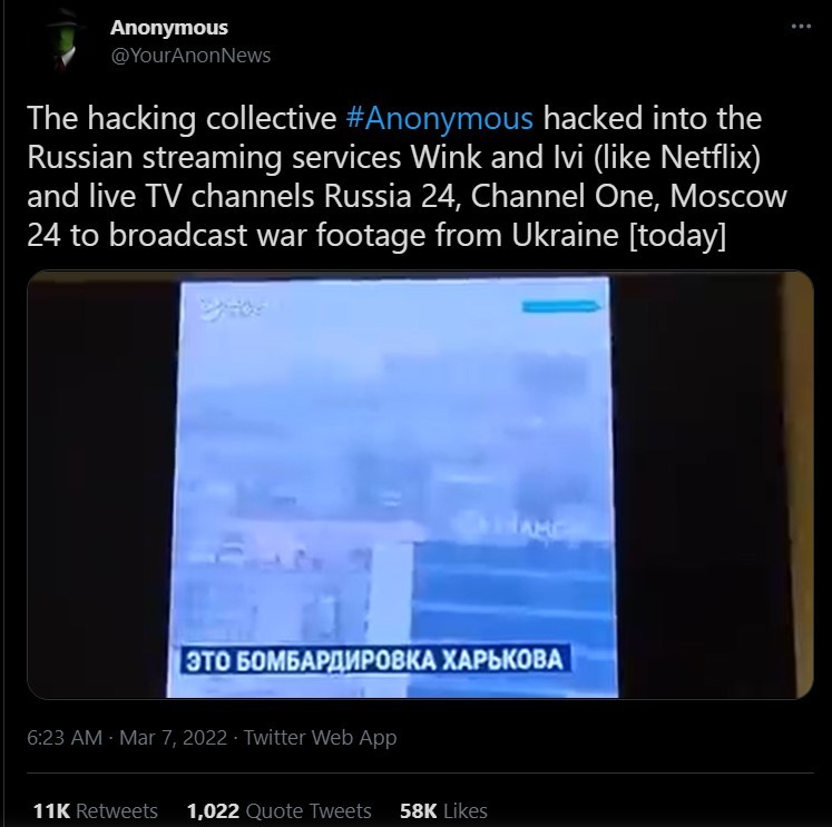 Anonymous tuyên bố đã hack toàn bộ các kênh truyền hình của Nga