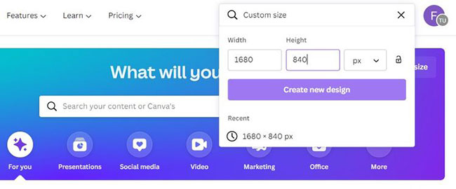 Create new designs in Canva with custom sizes