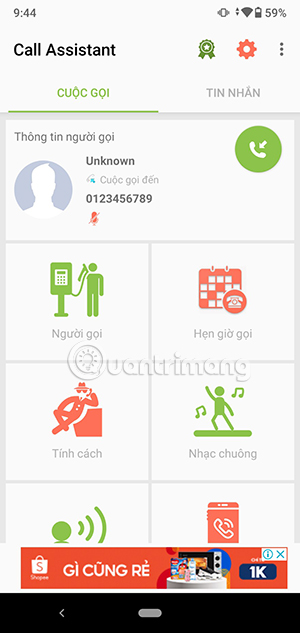 Giao diện thiết lập cuộc gọi trên Fake Call and SMS