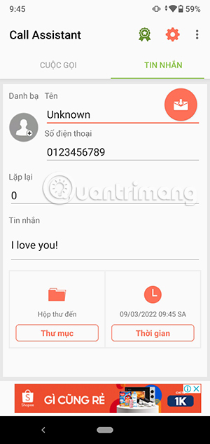 Giao diện thiết lập tin nhắn trên Fake Call and SMS