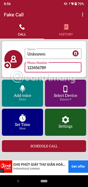 Giao diện chính của Fake Call