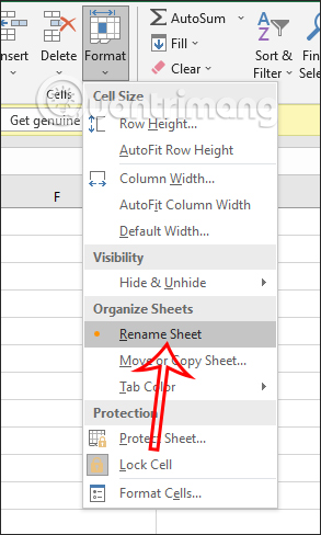 Chọn Rename sheet Excel