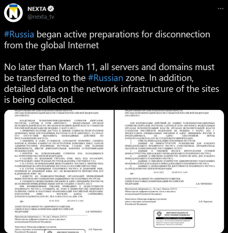 NEXTA thông tin về việc Nga định ngắt kết nối với internet toàn cầu