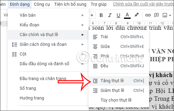 Tăng thụt lề văn bản Docs