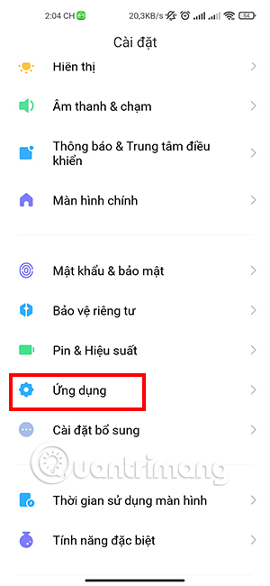 Phần Ứng dụng bên trong Cài đặt