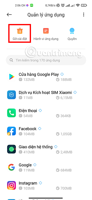 Chọn gỡ cài đặt để loại bỏ các ứng dụng không cần thiết