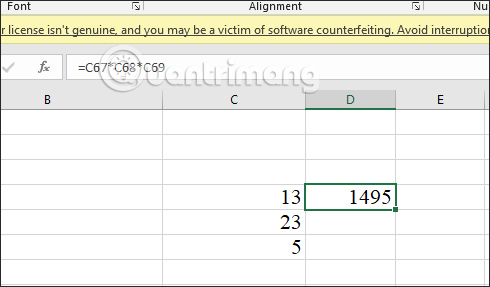 Kết quả phép nhân nhiều ô Excel