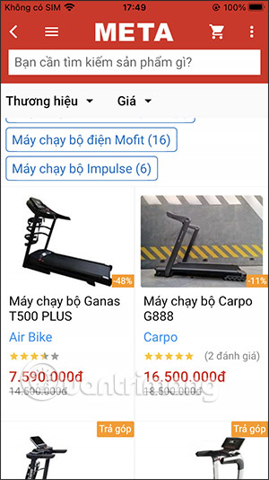 Menu tìm sản phẩm