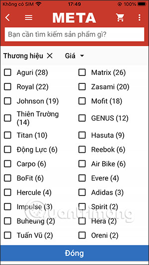 Lọc sản phẩm trên Meta.vn