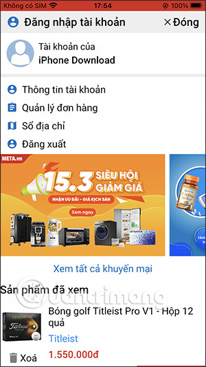 Thông tin tài khoản trên app Meta.vn