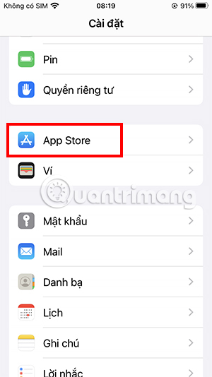 Tại Cài đặt chọn App Store