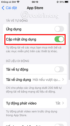 Gạt tắt chế độ Cập nhật ứng dụng
