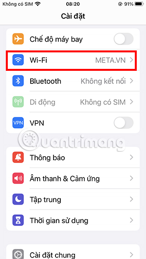 Chọn Wifi trong Cài đặt