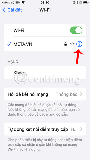Ấn vào biểu tượng chữ i ở tên mạng muốn xóa