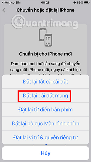 Lựa chọn mục Đặt lại cài đặt mạng