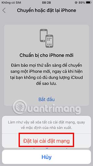 Xác nhận một lần nữa để thiết lập lại mạng trên iPhone