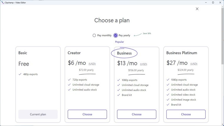 Các gói dịch vụ của Clipchamp