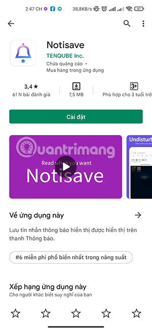 Giao diện Notisave trên Google Play