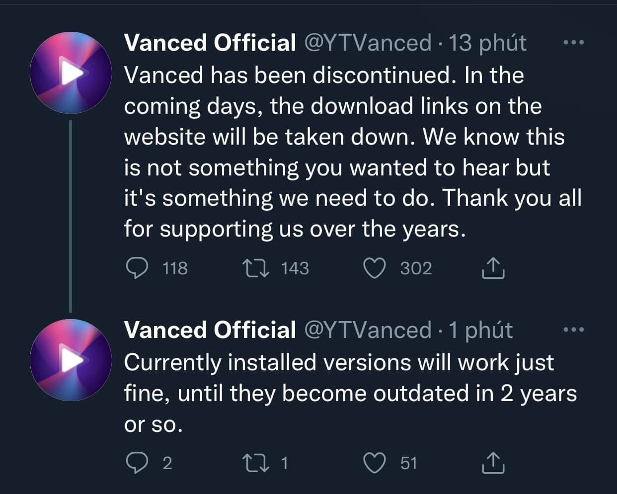 Youtube Vanced sẽ tồn tại bao lâu trước khi đóng cửa hoàn toàn