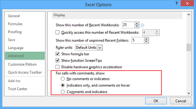 Tùy chọn chỉ báo trong Excel 2013