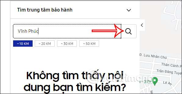 Nhập vị trí trung tâm bảo hành Samsung