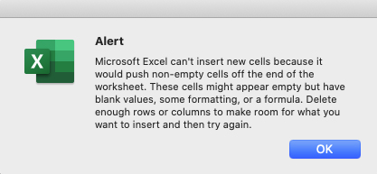 Thông báo lỗi thêm hàng cột Excel