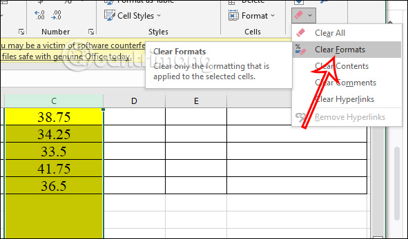 Xóa định dạng vùng dữ liệu Excel