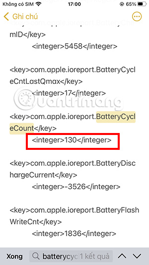 Tìm kiếm từ khóa batterycyclecount để xác định được số lần sạc của iPhone
