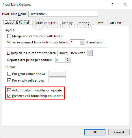 Chặn đổi định dạng khi update PivotTable Excel