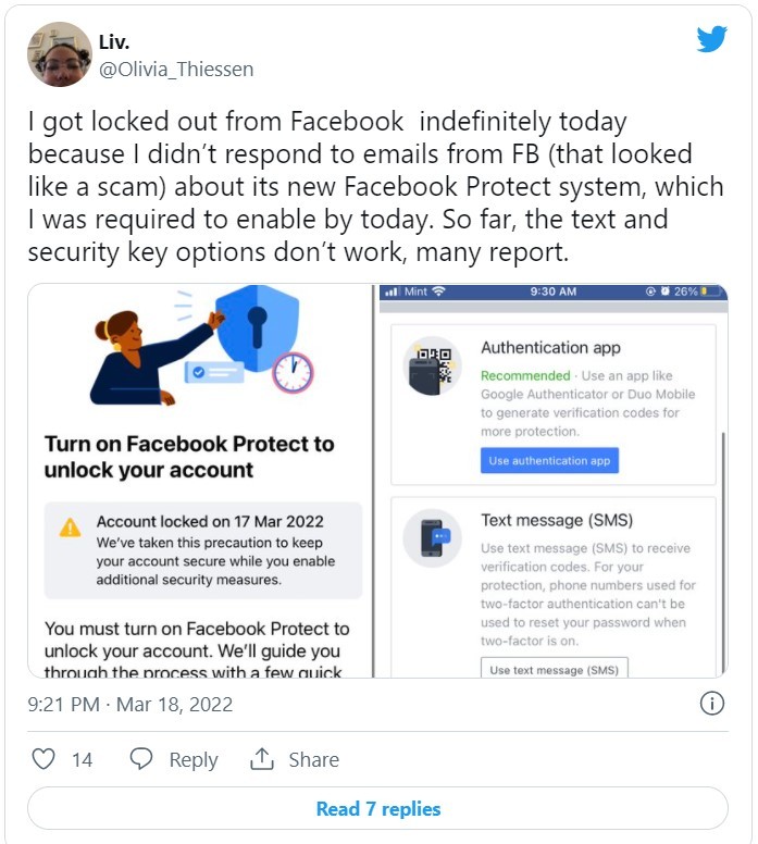 Quy trình kích hoạt Facebook Protect của Facebook không hoạt động