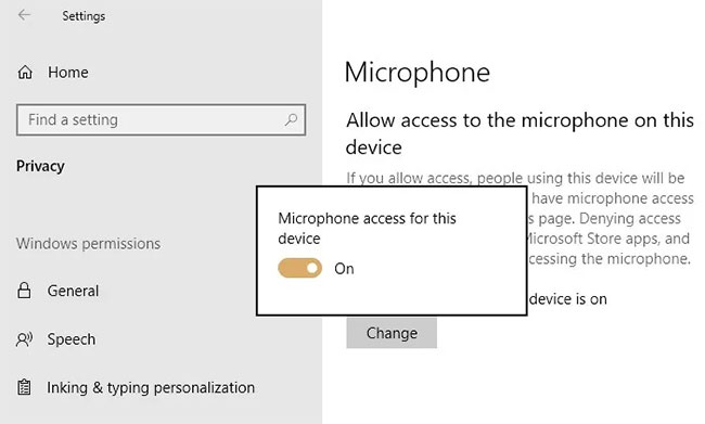 Bật Allow apps to access your microphone