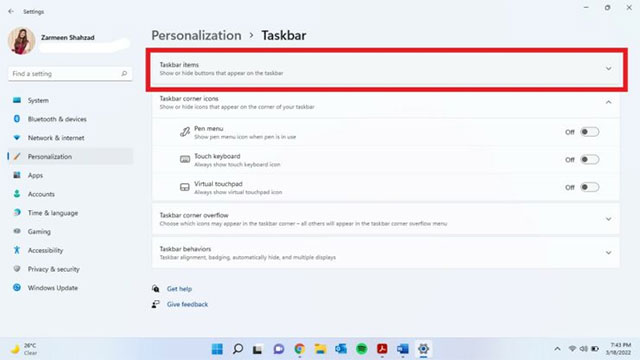 Nhấp vào mục Taskbar items