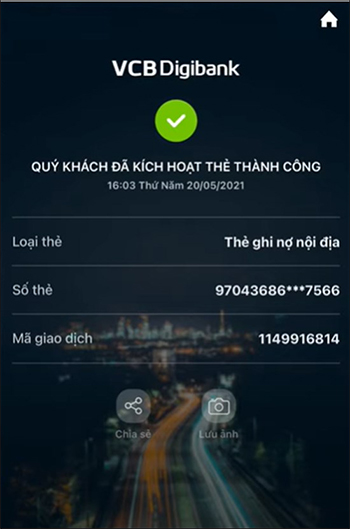 Kích hoạt thành công ATM Vietcombank