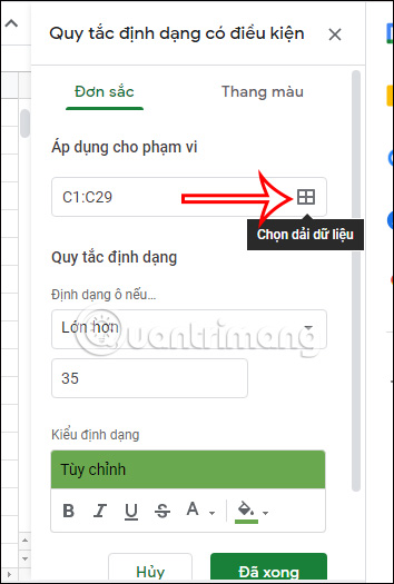 Vùng dữ liệu trong Sheets