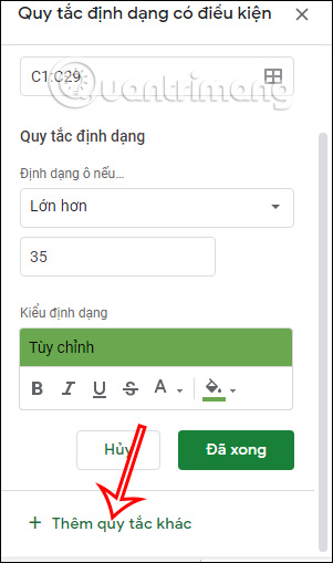 Thêm quy tắc cho Sheets