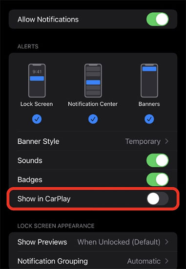 Tắt công tắc chuyển đổi bên cạnh tùy chọn Show in CarPlay