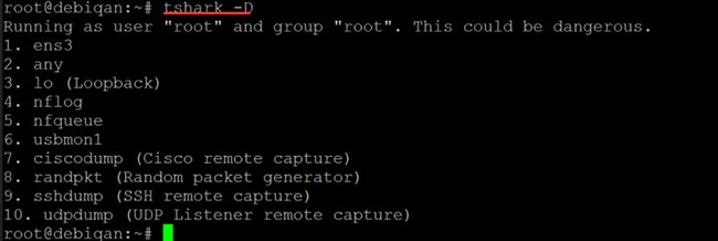 Kiểm tra xem các interface mạng có được tshark nhận dạng hay không