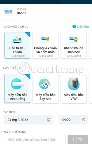 Giao diện đặt lịch hẹn bảo trì điều hòa trên Daikin Vietnam