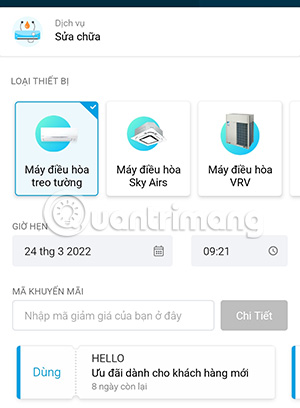 Giao diện đặt lịch sửa chữa điều hòa trên Daikin Vietnam