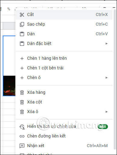 Tùy chọn ảnh trong Sheets