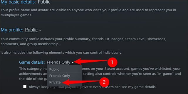 Đặt tùy chọn “Game details” thành “Private”