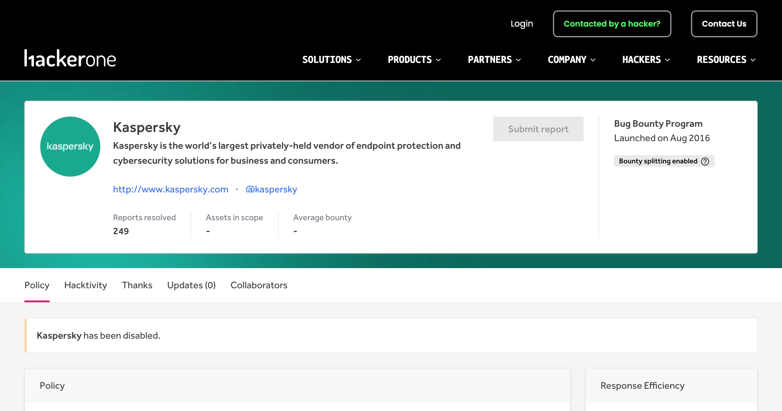 Chương trình của Kaspersky trên HackerOne hiện bị vô hiệu hóa.