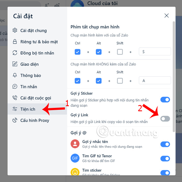 Tiến hành gạt tắt Gợi ý Link trong mục Tiện ích