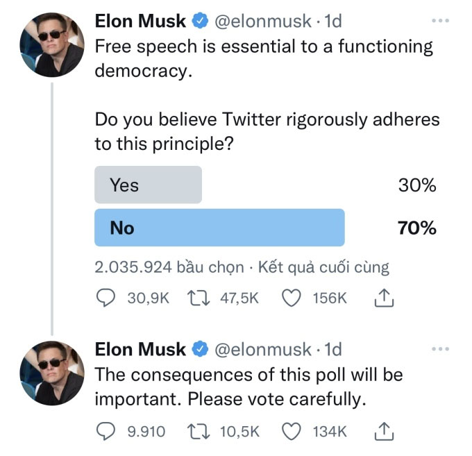 Khảo sát của Musk về việc Twitter có tuân thủ các quy tắc. Ông nhấn mạnh: "Kết quả của khảo sát rất quan trọng, hãy bình chọn một cách cẩn trọng".