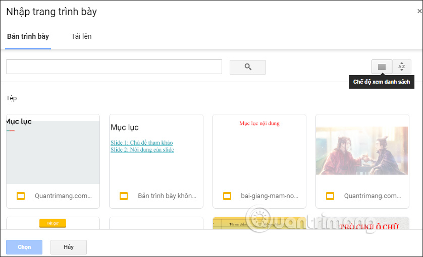 Hiện các slide đang có