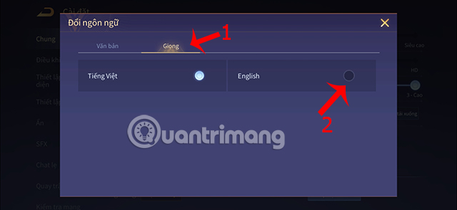 Nhấn vào phần Giọng, chọn English thay cho chế độ Tiếng Việt.